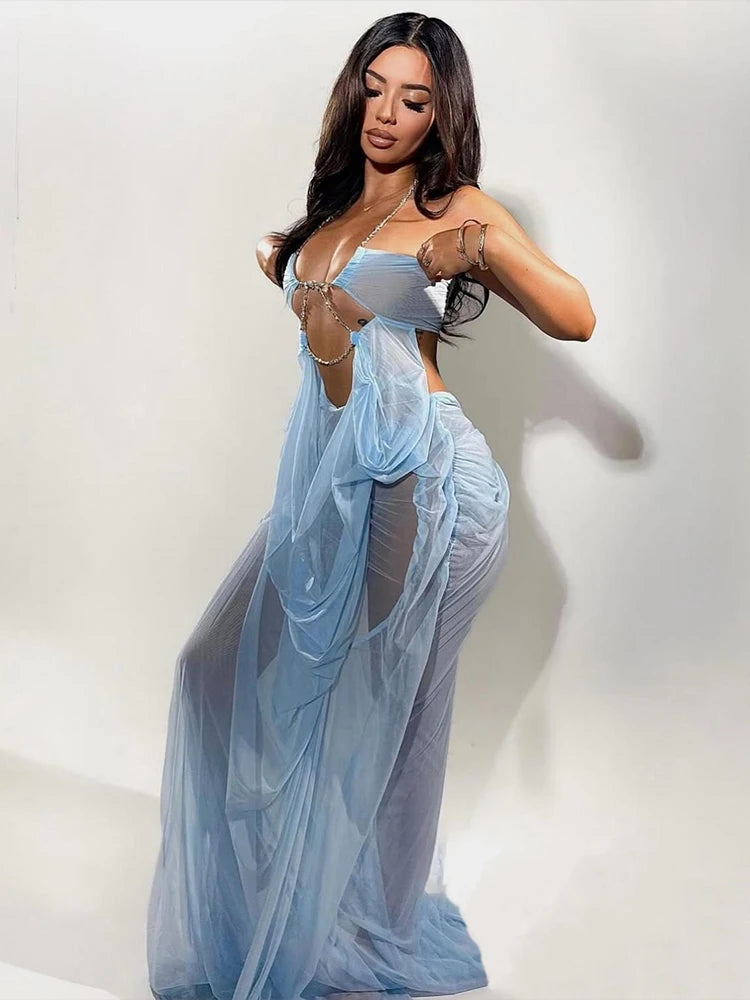 Women's Sheer Chain-Halter Backless Gown