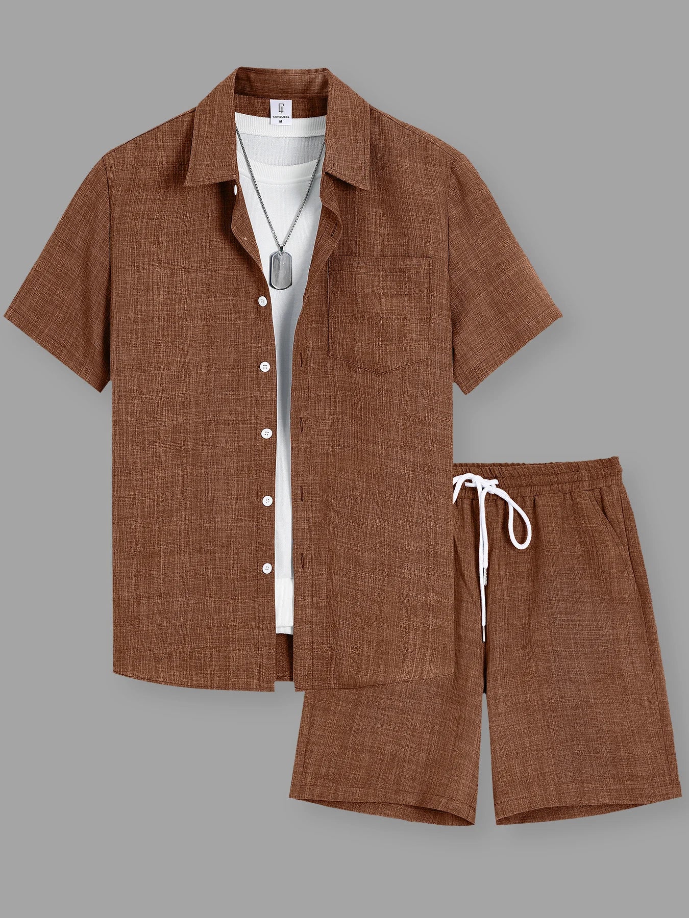 Men's Linen-Texture Lapel Shirt & Shorts Set – 5 Colors