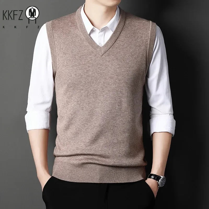 2026 Autumn Winter New Men's Solid Color V-neck Knitted Vest Casual Fashion Warm Sweater Versatile Top