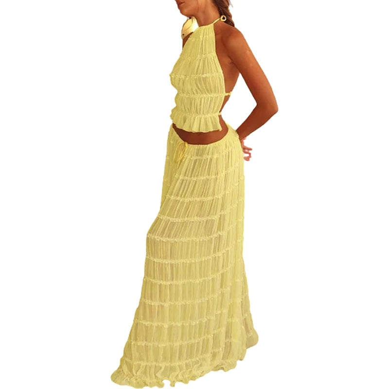 Boho Ruched Halter Cami & Maxi Skirt Set – Backless
