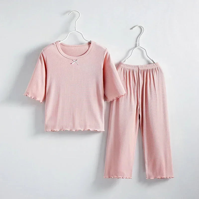 Girls Sets Summer Thin Children Short Sleeve Set Kids Homewear Clothes Girl Pure Color Pajamas Outfits
