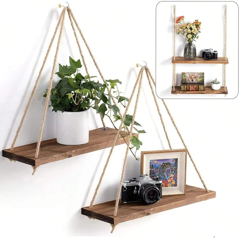 Wooden Hemp Rope Hanging Wall Shelf – Boho Home Decor