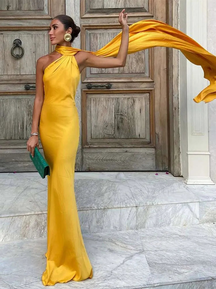 Ribbon Halter Off-Shoulder Backless Slim Maxi Dress