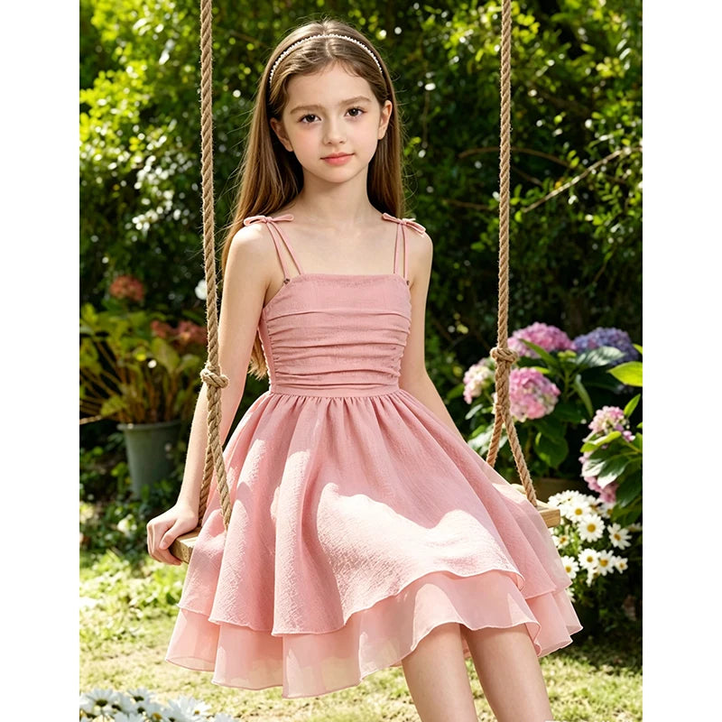 Kids Set Solid Pink Tiered Sling Princess Dress Sweet Style Tween Girls Dress Birthday Party Dating Clothes