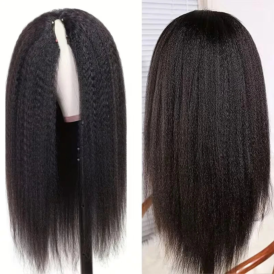V Part Wigs Human Hair 100% Brazilian Kinky Straight Human Hair Wigs No Leave Out No Sew Glueless 250% Natural Black For Women