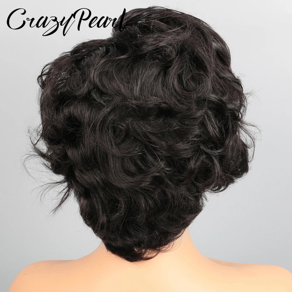CrazyPearl 13X4 Lace Frontal Wig Pixie Cut Human Hair Short Curly Black Brazilian Remy Hair Natural Hairline for Black Women