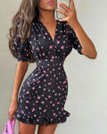 Elegant Floral Print Women Mini Dress With Waistband Chic Turndown Collar Puff Sleeve A-line Dresses Lady Summer Daily Vestidos