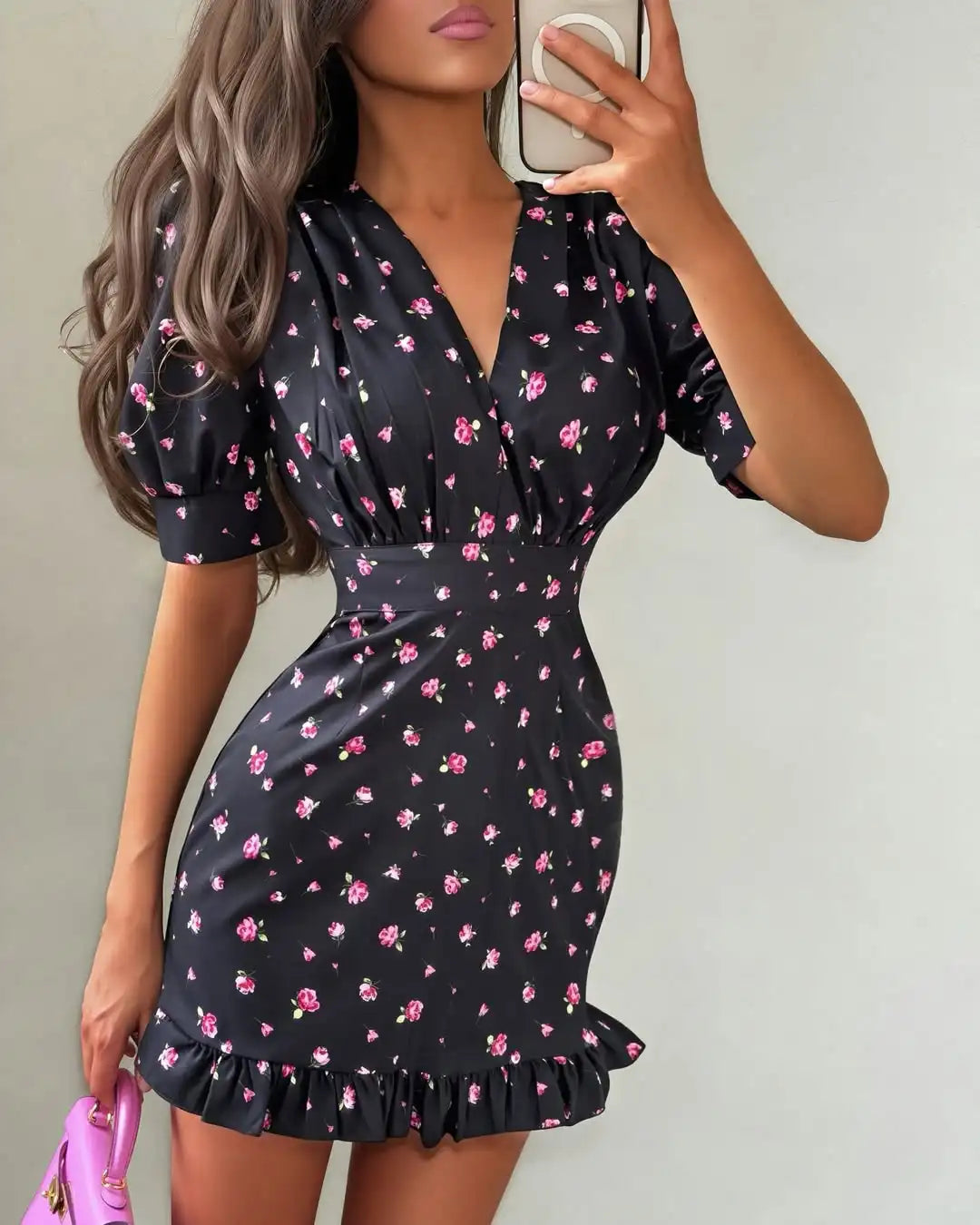 Elegant Floral Print Women Mini Dress With Waistband Chic Turndown Collar Puff Sleeve A-line Dresses Lady Summer Daily Vestidos