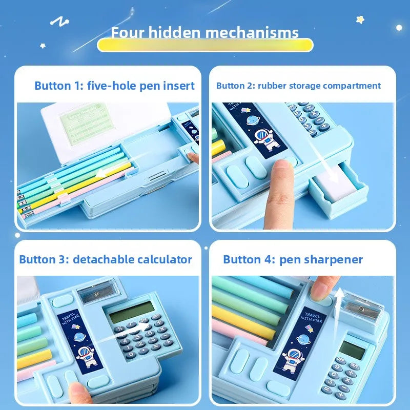 Student Plastic Stationery Box Cute Cartoon Children's Calculator Multifunctional Pencil Case Large Capacity Storage
