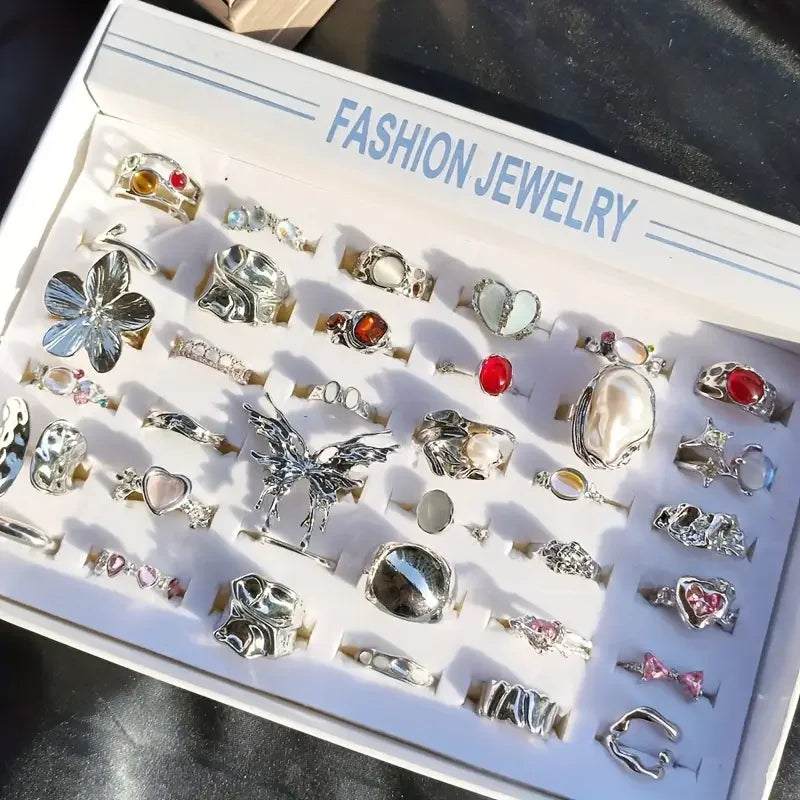 10/20/30Pieces Fashion Imitation Pearl Flower Open Rings Set For Women Mix Style Colorful Rhinestone Finger Jewelry