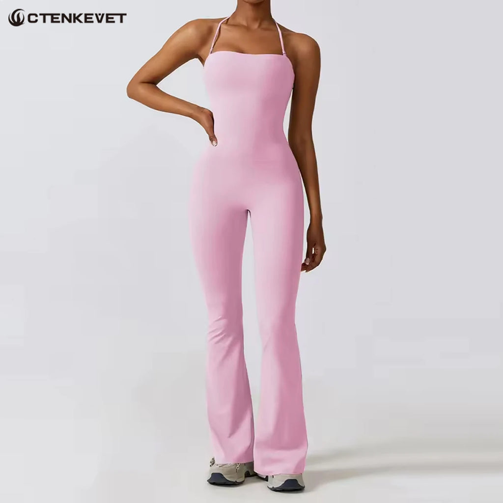 New Summer Women Sleeveless Yoga Jumpsuit Female Gym Flared Overalls Neck-hanging Backless Sportswear Sport Outfit For Woman