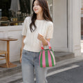 Korean Style Mini Knit Tote Bag Women Striped Crochet Bucket Handbag Lightweight Summer Daily Shoulder Purse For Vacation