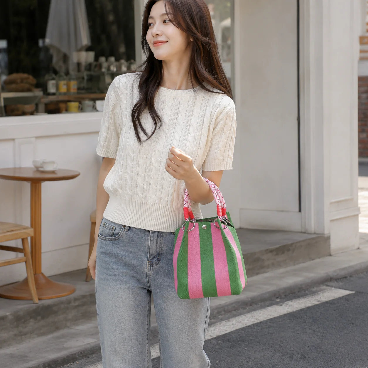 Korean Style Mini Knit Tote Bag Women Striped Crochet Bucket Handbag Lightweight Summer Daily Shoulder Purse For Vacation