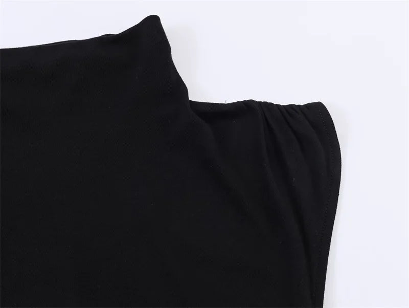 Black Asymmetrical High-Neck Draped Sleeve Top