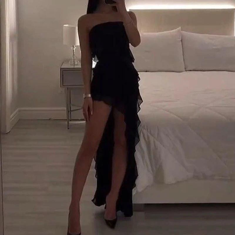 Strapless Floral Fold High Slit Mini Party Dress