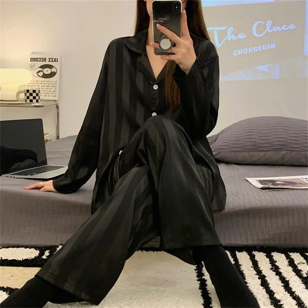 Women's Striped Silk Satin Pajama Set – Long Sleeve & Trousers