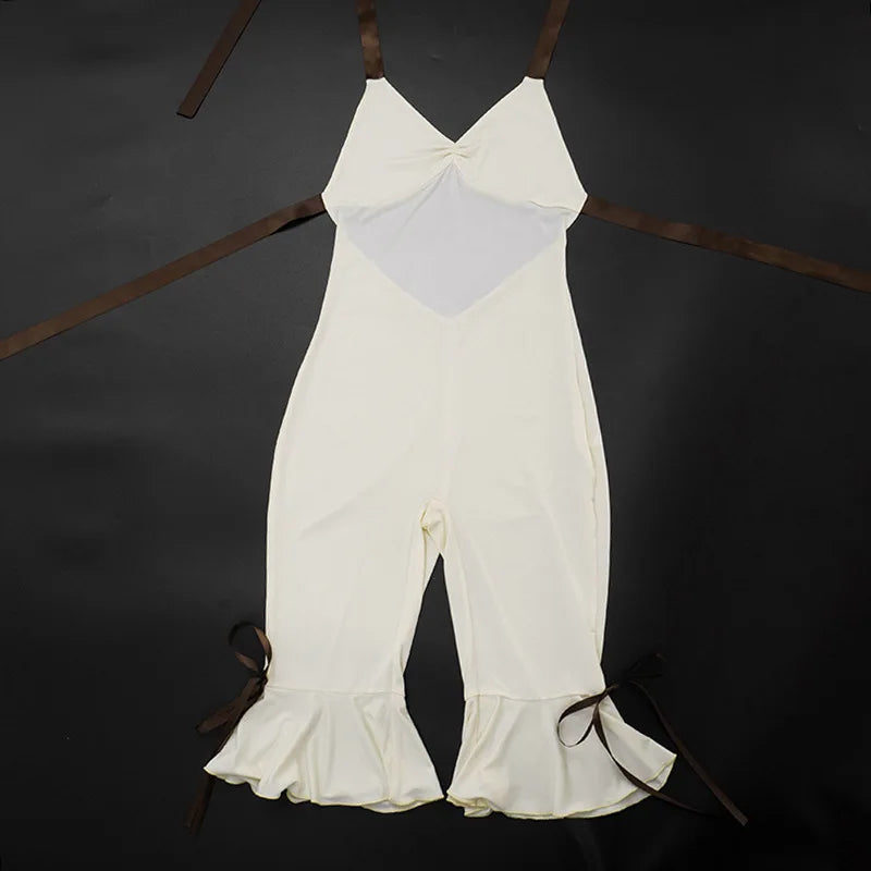 Joskaa Bowknot Decorate Halter Apricot Jumpsuit Women Hipster Sexy V-neck Backless Bandage Skinny Rompers Beach Holiday Clubwear