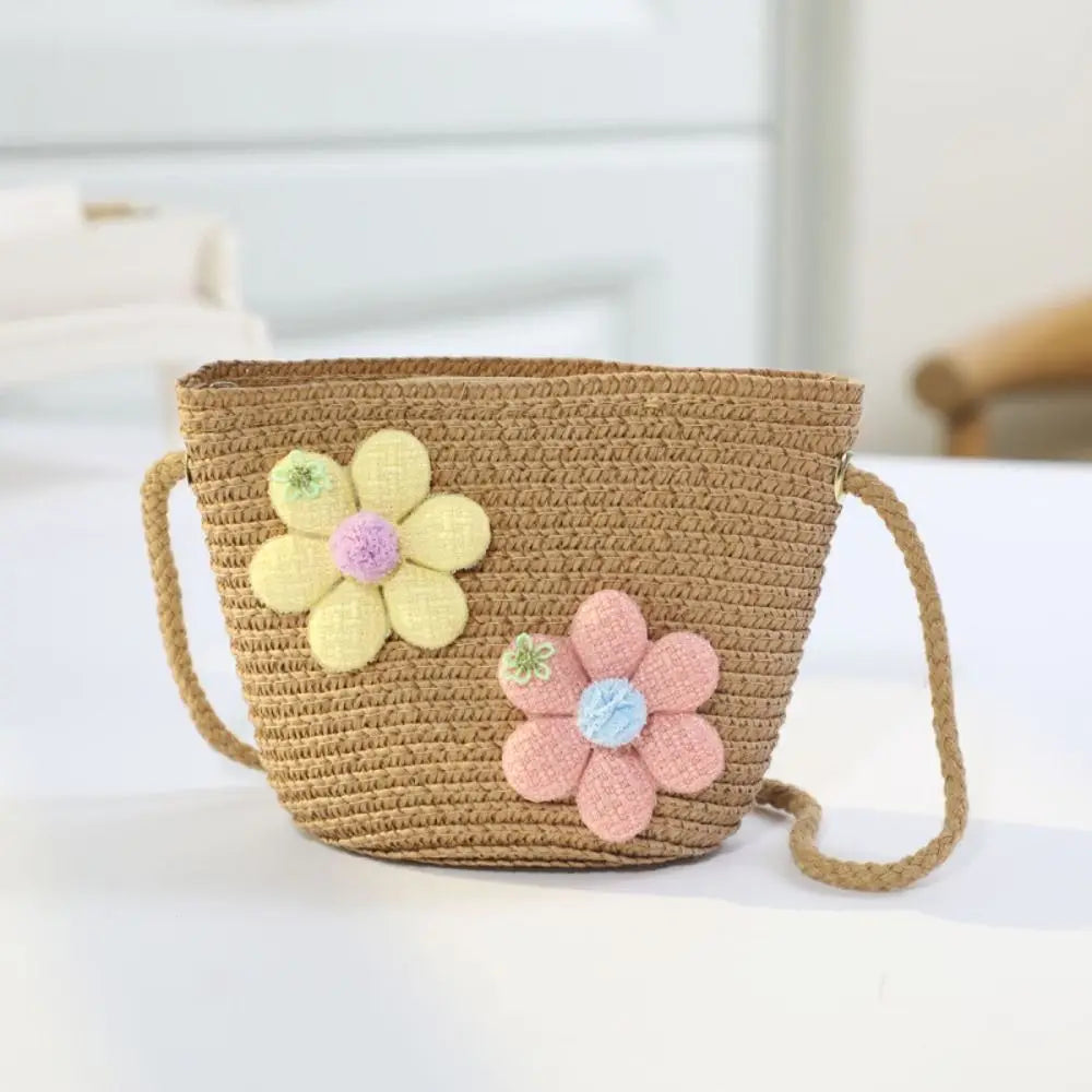 Handmade Woven Girl Flower Straw Bag Coin Purse Zipper Kid Messenger Bags Photo Props Storage Basket Crossbody Handbag