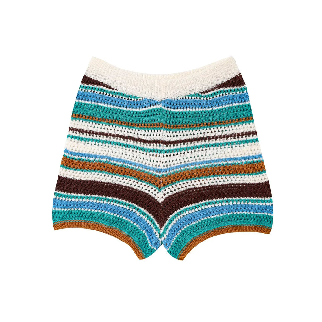 Y2K Crochet Knit Crop Sweater & Shorts Set – Patchwork Stripe