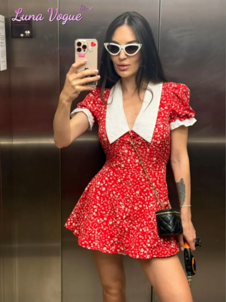 Elegant Floral Print Women Mini Dress With Waistband Chic Turndown Collar Puff Sleeve A-line Dresses Lady Summer Daily Vestidos