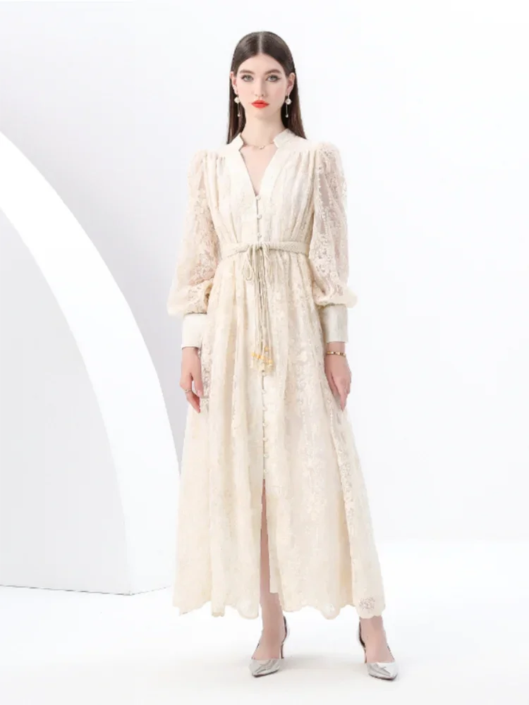 French Lace Embroidery V-Neck Lantern Sleeve Party Dress