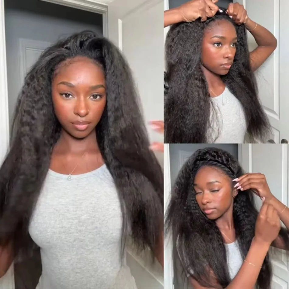 Kinky Straight Half Wig 3 In 1 Half Wig With Drawstring Flip Over Half Wig Yaki Straight Glueless Wigs Ready to Wear 250 Density
