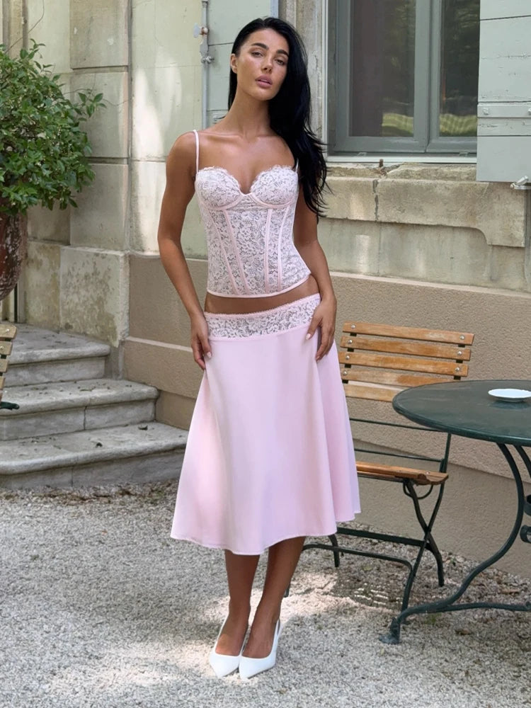 Delicate Lace Corset Cami Skirt Set Slim Fit Sleeveless 2026 Summer Romantic Women Two-Piece Trendy Coquette Causal Lady Outfit