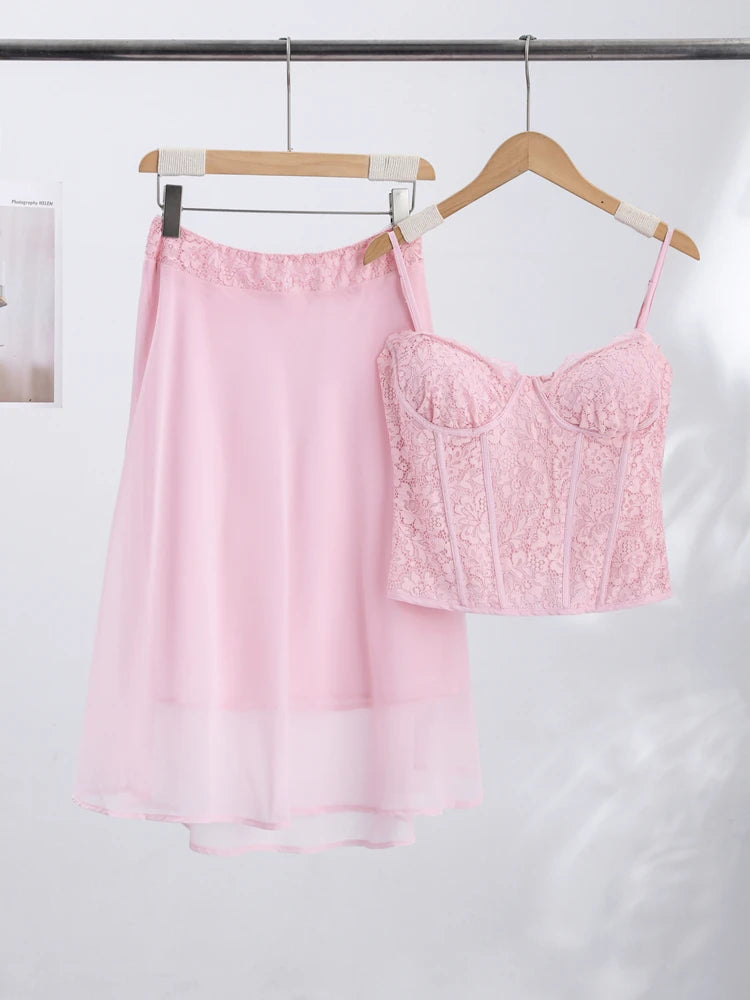 Delicate Lace Corset Cami Skirt Set Slim Fit Sleeveless 2026 Summer Romantic Women Two-Piece Trendy Coquette Causal Lady Outfit