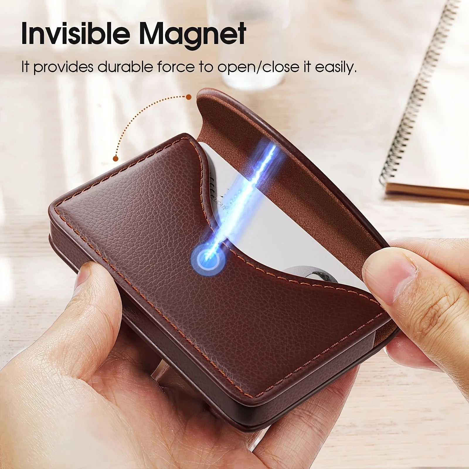 Luxury Lychee Pattern Leather Business Card Holder, Large Capacity Metal Magnetic Closure,Desk Organizer for Office, Office Desk