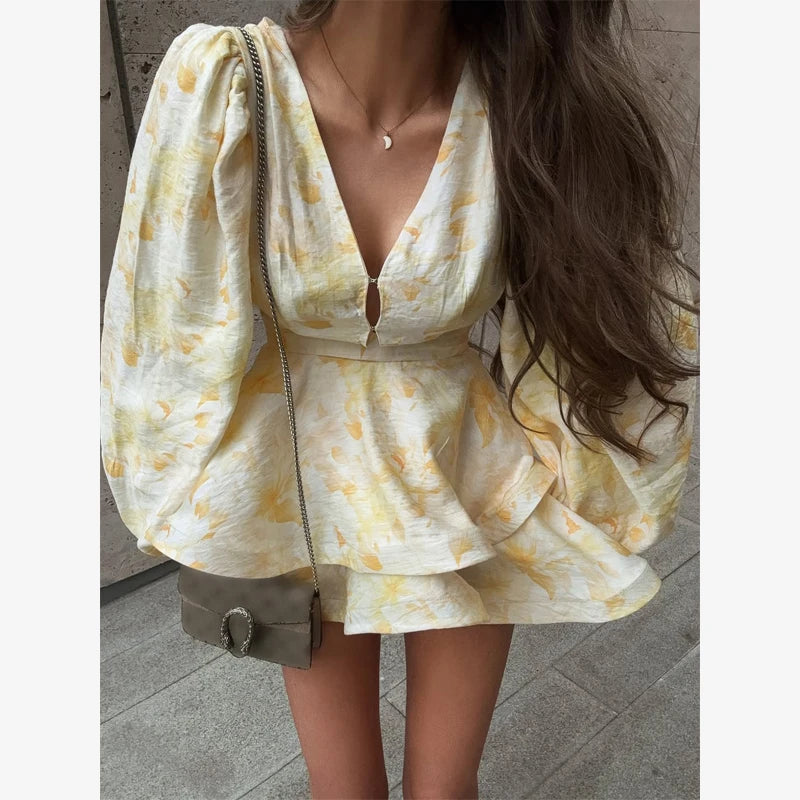 Women's Printed Bubble Sleeve Short Skirt Fashionable V-neck Hollow Waist Double Layered Dress 2026 Summer Commuting Street Wear