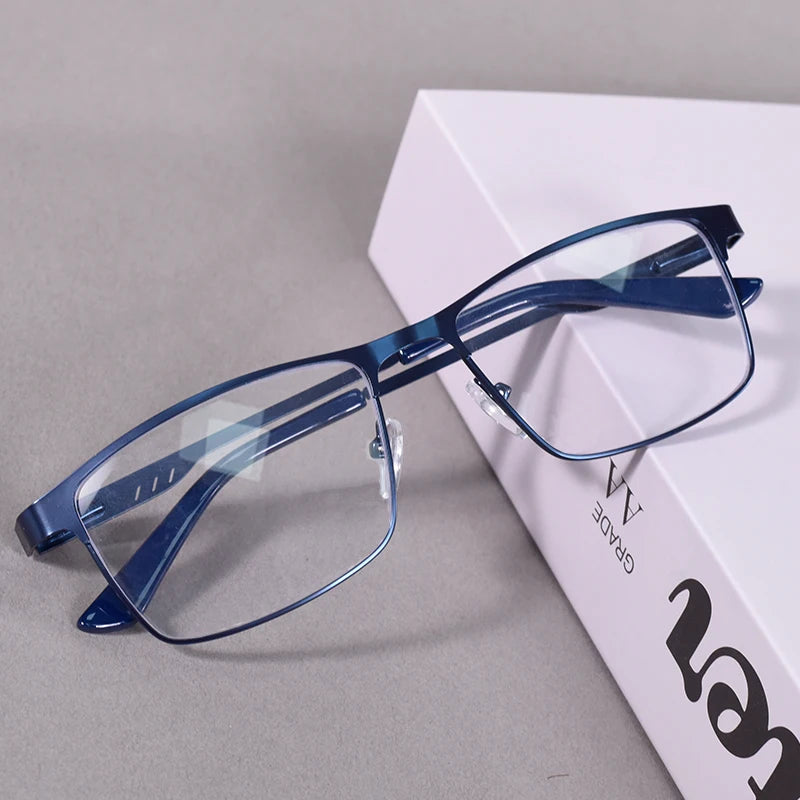 May Flower Anti Blue Light Reading Glasses Men Metal Prescription Eyeglasses With Spring Hinge Blue Color Frame For Men +75+175