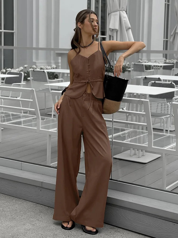Mueyaruho Women 2026 Summer Office Pant Set Suits Solid Beige Outfits 2 Two Piece Wide Leg Matching Set For Women
