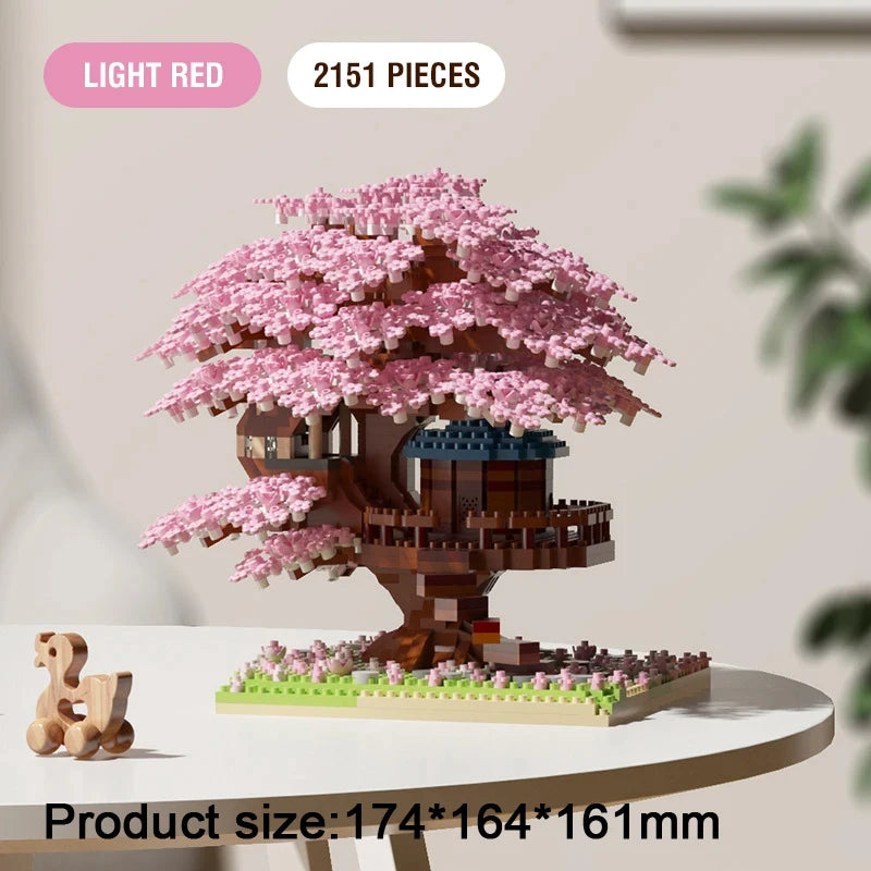 DIY Sakura Cherry Blossom Building Blocks Set with LED Light & Treehouse