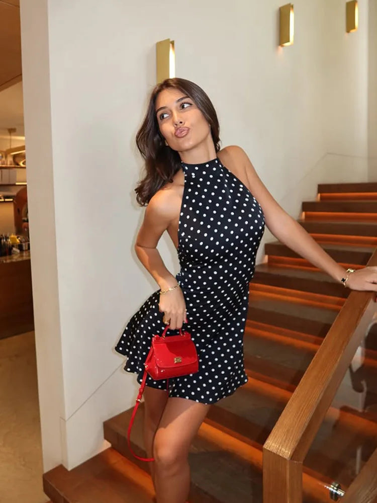 Women's Polka Dot Halter Backless Mini Dress