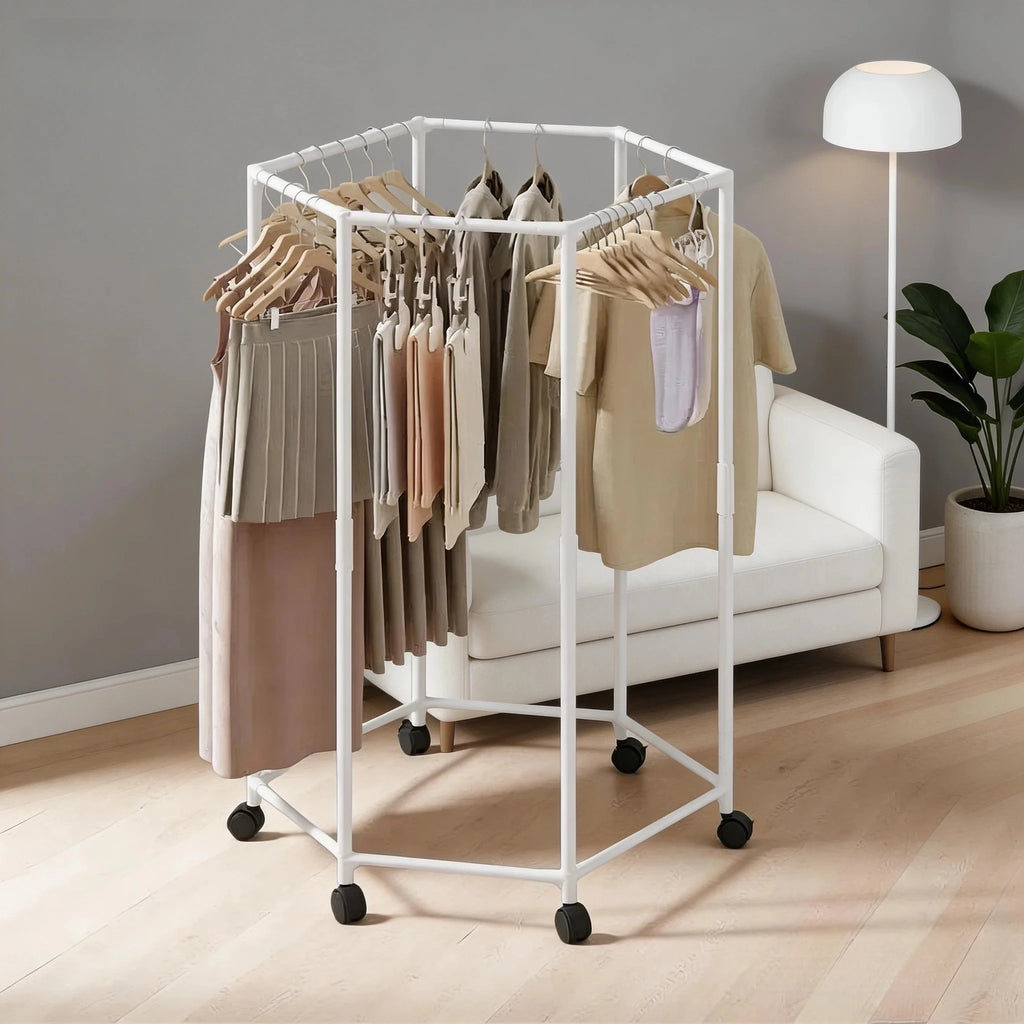 Movable Rotating Clothes Storage Rack Multifunctional Hexagon Organizer Shelf Metal Clothes Drying Rack Coat Hanger With Pulleys