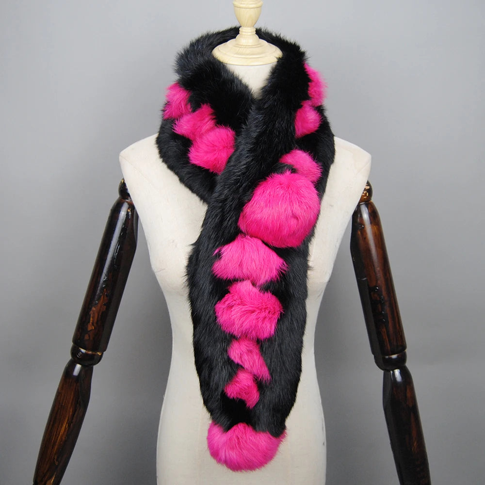 2026 New Arrival Winter Real Rabbit Fur Scarf Women Long Warm Genuine Rabbit Fur Scarves Female Knit Fluffy Pompoms Fur Scarves
