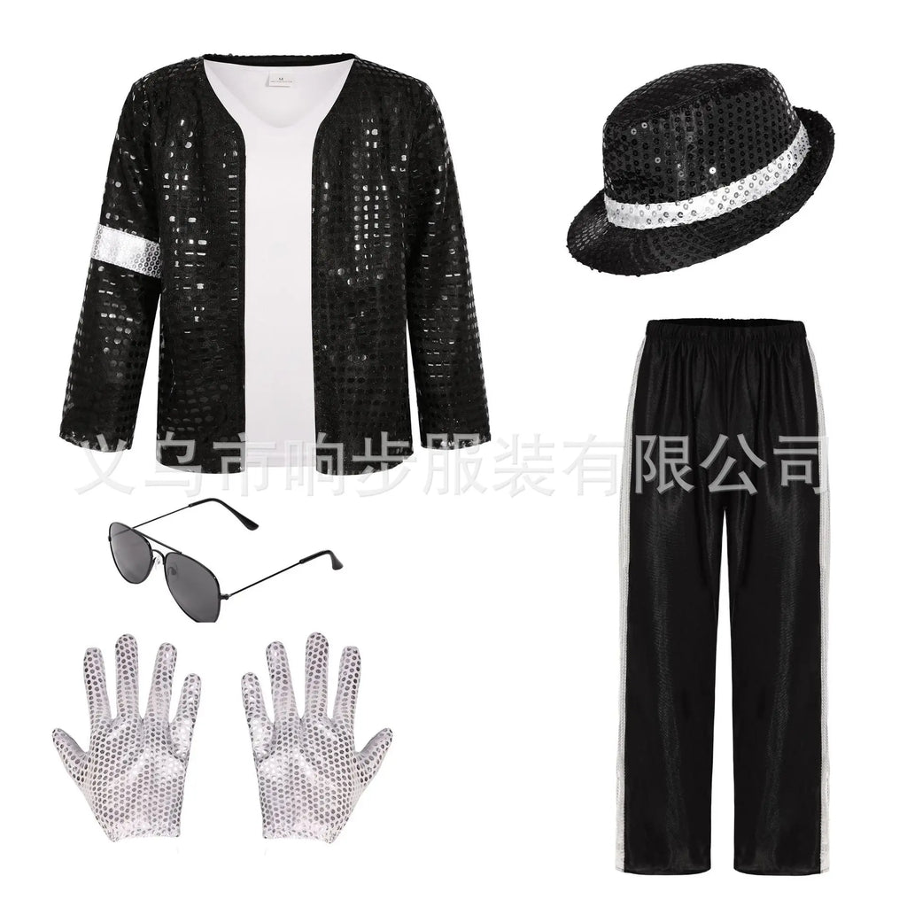 Kids Cosplay Dance Star Costume Set Metallic Shiny 80s 90s Stage Party Outfit Boy Girl Clothing Children Michael Jackson Costume
