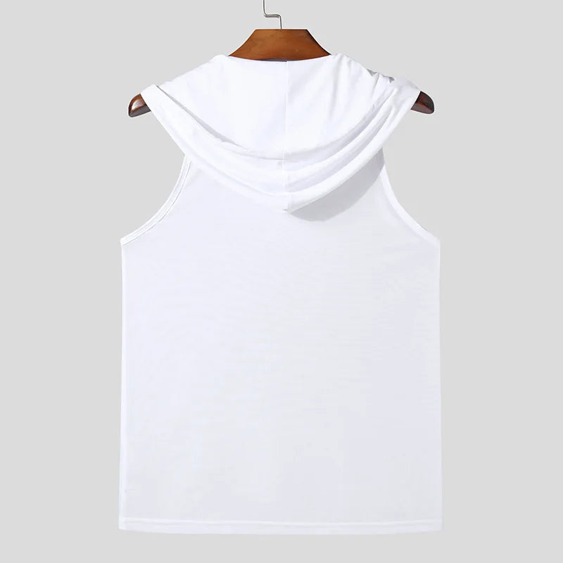 Men's Hooded Mesh Vest – Sheer Drawstring Tank for Gym & Everyday Wear