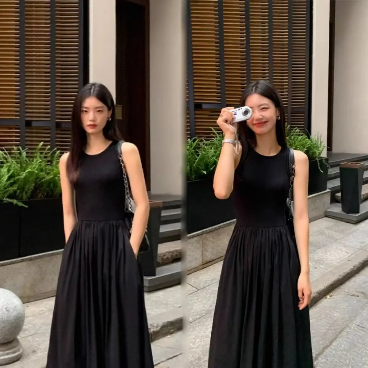 Vintage Black Midi Dress – O-Neck Office Lady with Pockets