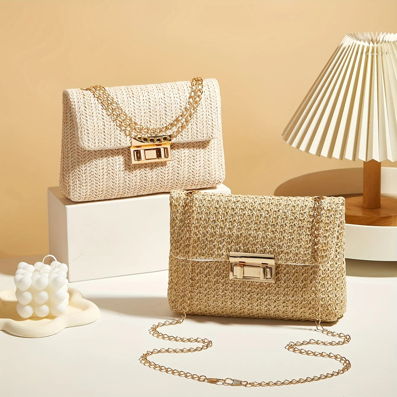 Handwoven Straw Shoulder & Crossbody Bag – Lock Closure, 7 Colors