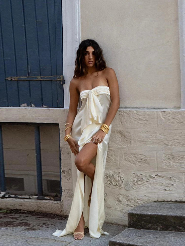 Women's Satin Sleeveless Evening Gown – Maxi Robe