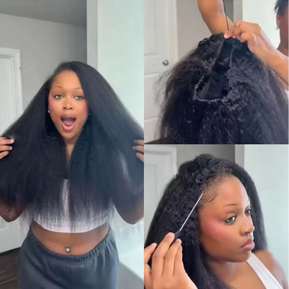 Kinky Straight Half Wig 3 In 1 Half Wig With Drawstring Flip Over Half Wig Yaki Straight Glueless Wigs Ready to Wear 250 Density