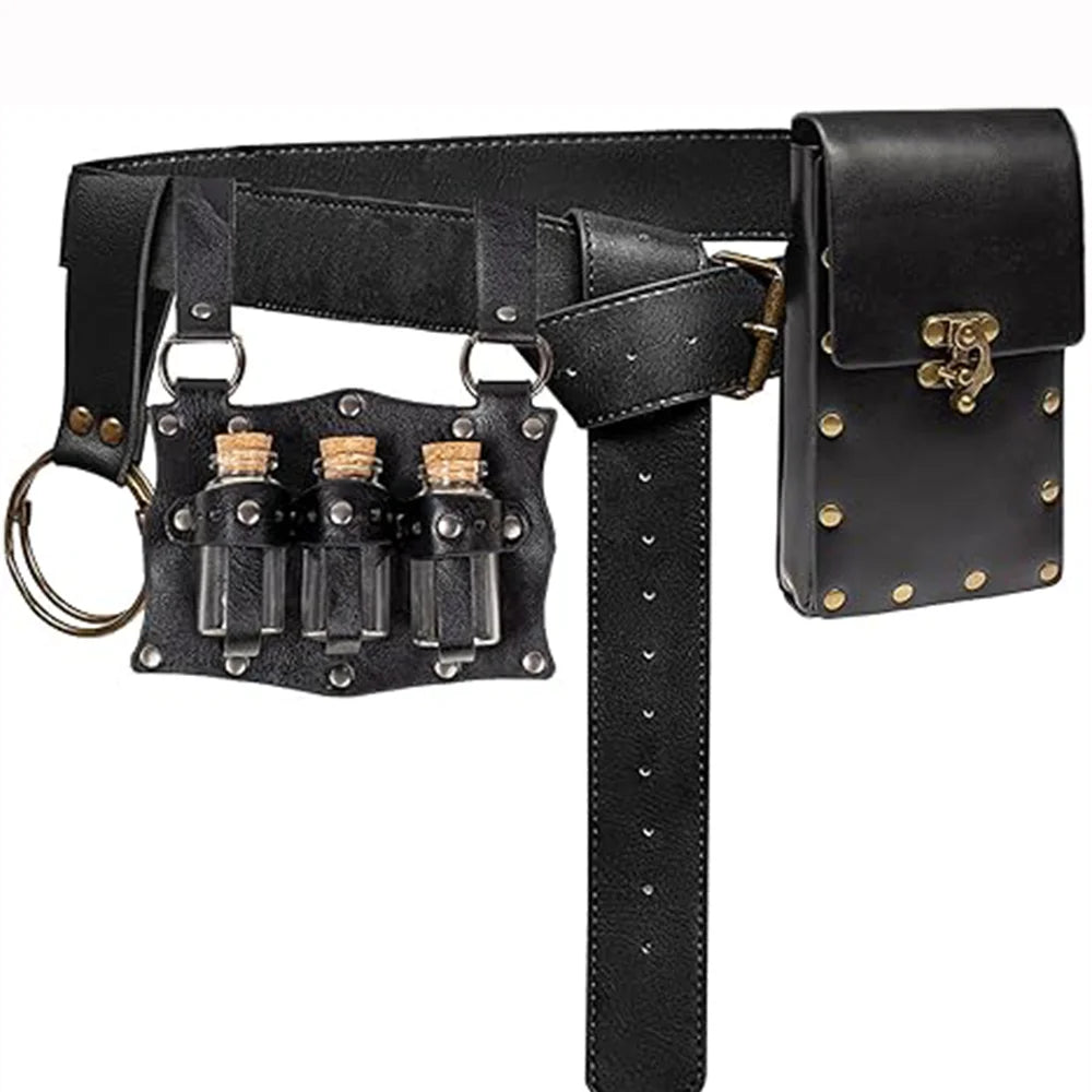 Renaissance Belt Pouch Set with 3 Leather Potion Bottles