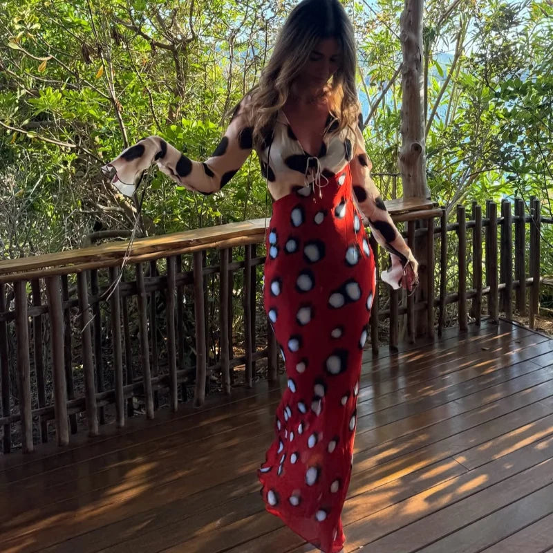 Mesh Polka Dot Flared Sleeve Slim Fit Casual Dress