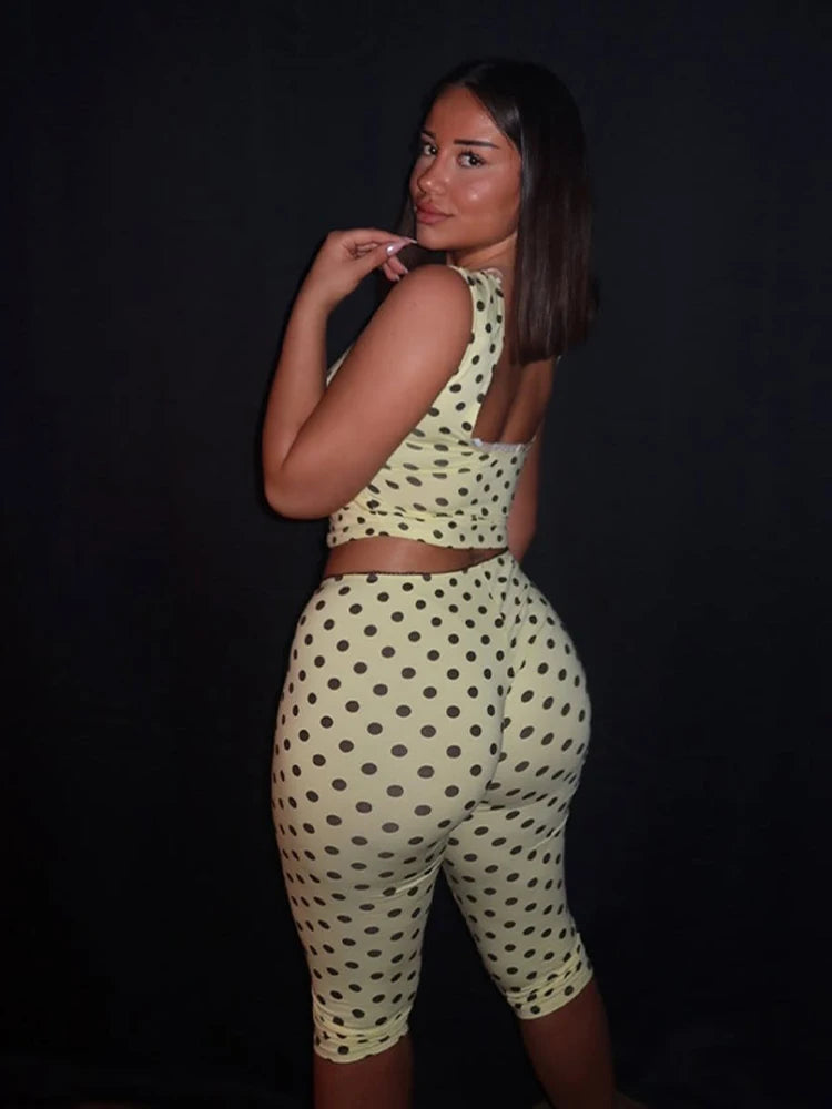 Women Pant Set Polka Dot Backless Sleeveless Crop Top Capri Slimming Pants Sexy Party Two Piece Set Club Fashion Trendy Outfits
