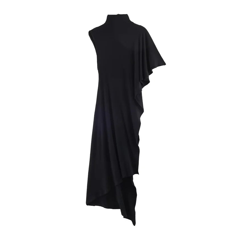 Black Asymmetrical High-Neck Draped Sleeve Top