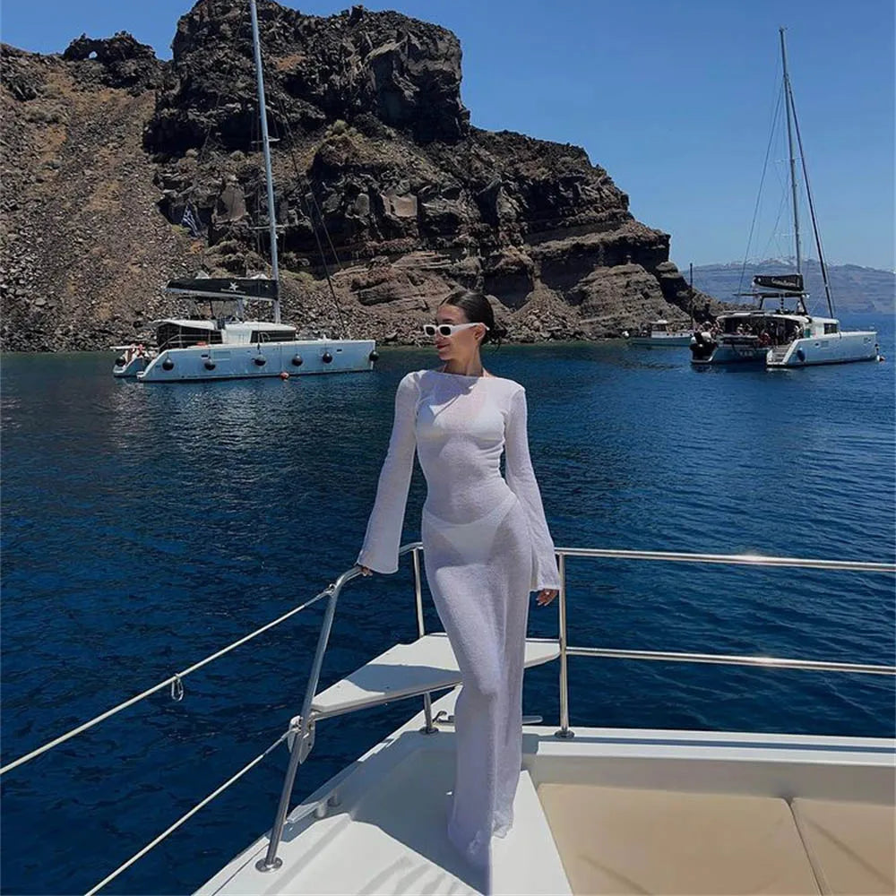 Long Sleeve See-Through Backless Beach Cover-Up Dress