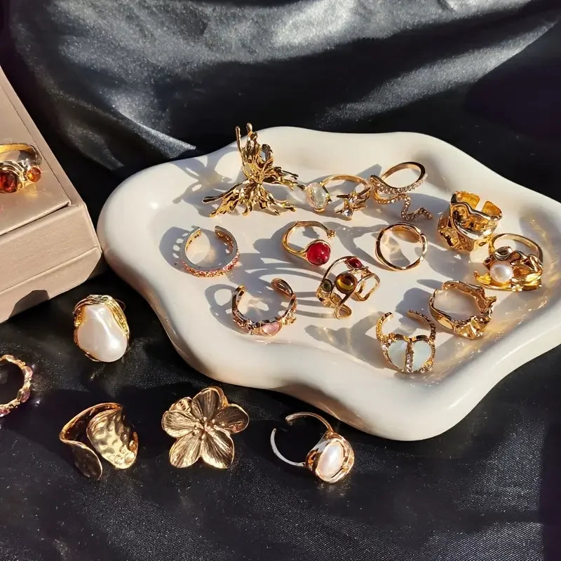 10/20/30Pieces Fashion Imitation Pearl Flower Open Rings Set For Women Mix Style Colorful Rhinestone Finger Jewelry