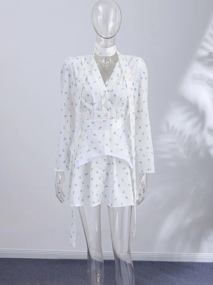 Floral Puff-Sleeve Choker-Tie Mini Dress