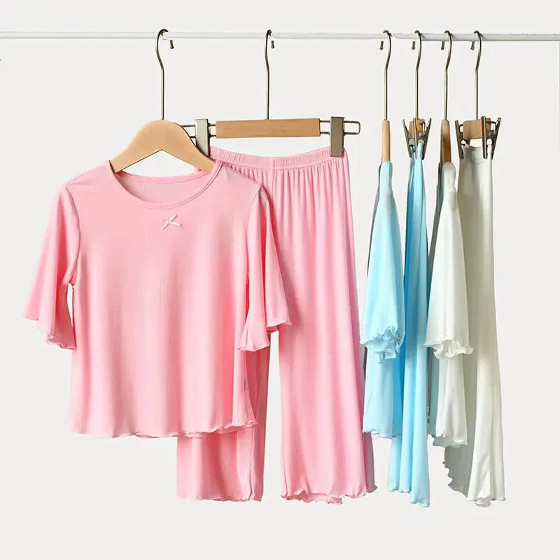 Girls Sets Summer Thin Children Short Sleeve Set Kids Homewear Clothes Girl Pure Color Pajamas Outfits
